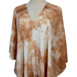 EBRU Home 100% Cotton Poncho With Fringe O/S Cream Tie Dye Boho Western NWOT